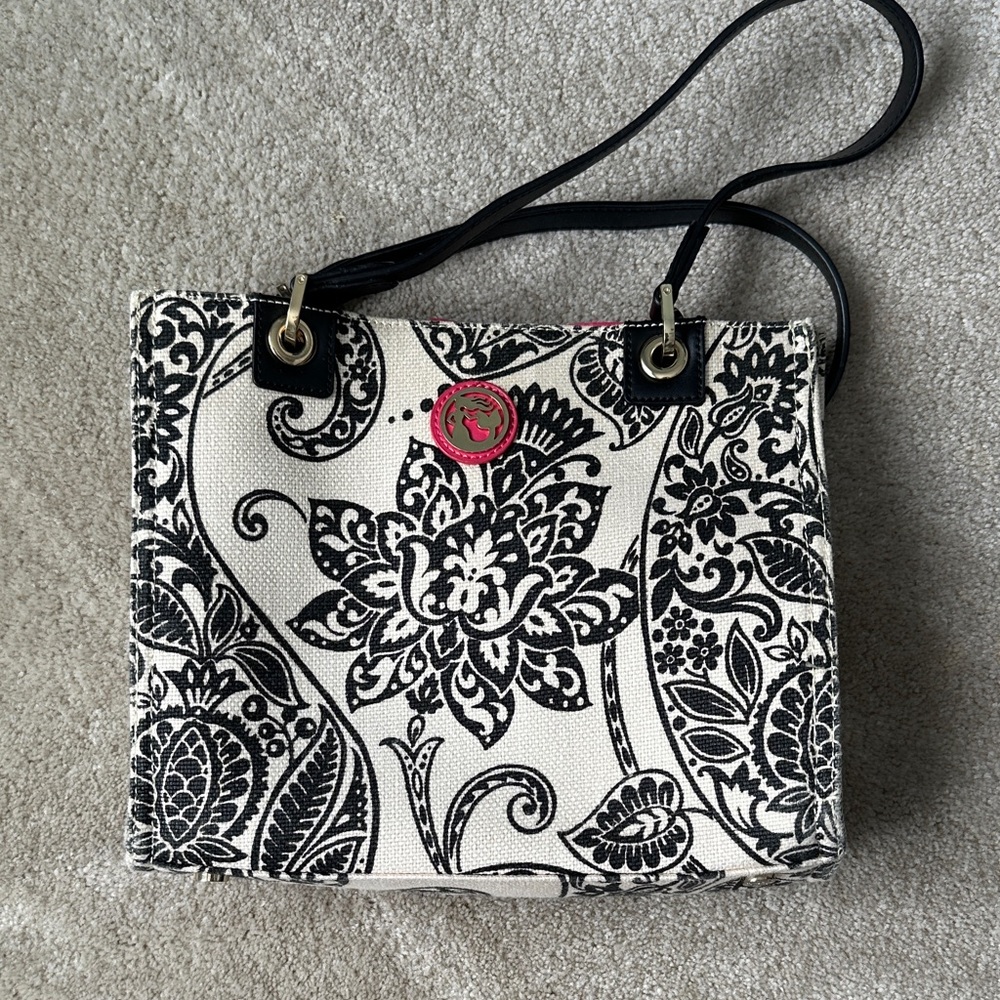 Spartina 449 Black and White/ off -white Paisley Shoulder Bag with Pink Logo